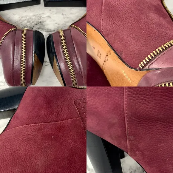 Rachel Zoe Zip Detail Maroon Leather Platform Chunky Booties 7 Statement Classic