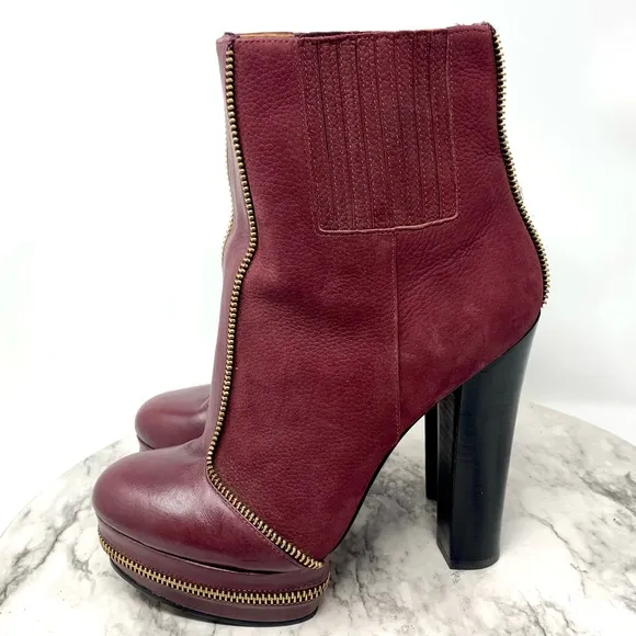Rachel Zoe Zip Detail Maroon Leather Platform Chunky Booties 7 Statement Classic