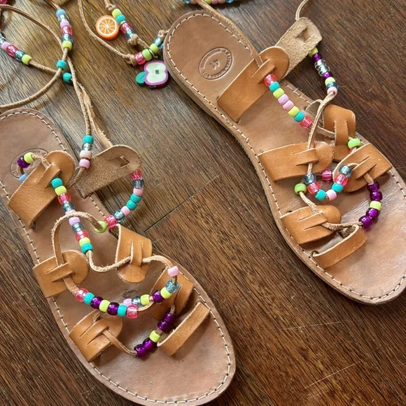 Rainbow tie up strap Greek sandals with beads and charms rainbow