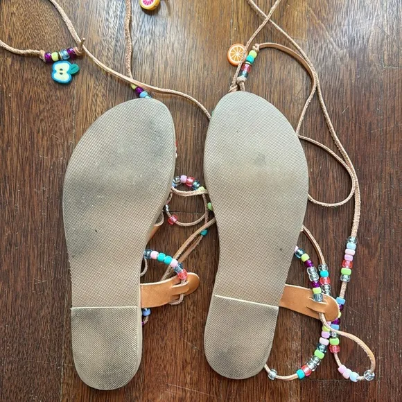 Rainbow tie up strap Greek sandals with beads and charms rainbow