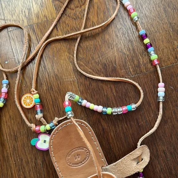 Rainbow tie up strap Greek sandals with beads and charms rainbow