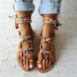 Rainbow tie up strap Greek sandals with beads and charms rainbow