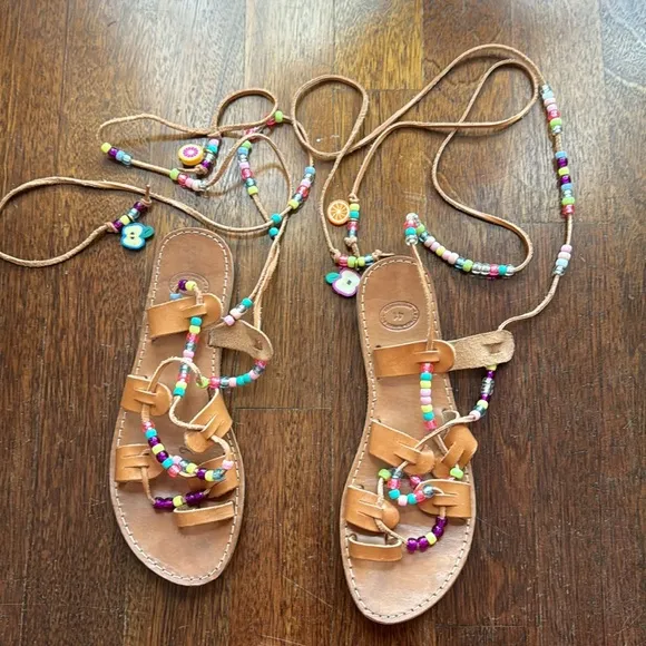 Rainbow tie up strap Greek sandals with beads and charms rainbow