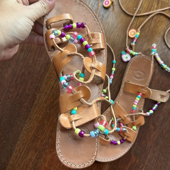 Rainbow tie up strap Greek sandals with beads and charms rainbow