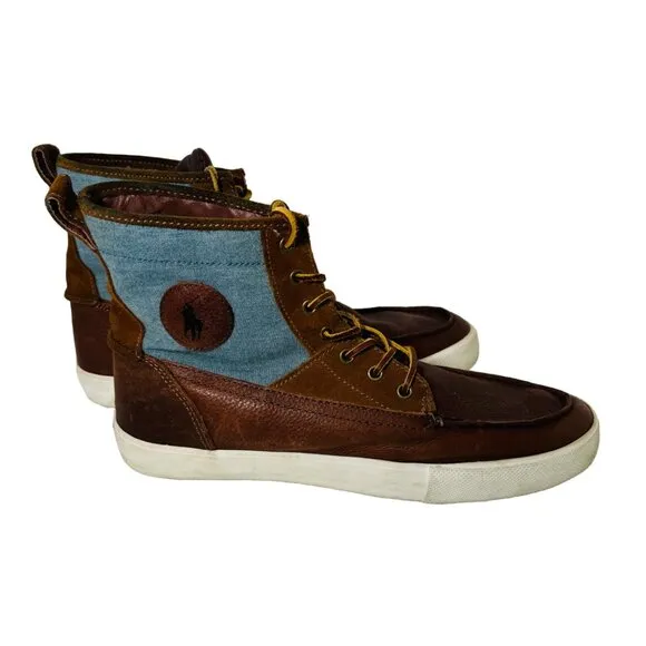 Ralph Lauren Polo Tynedale High-Top Boots 13D Leather &amp; Chambray Upper