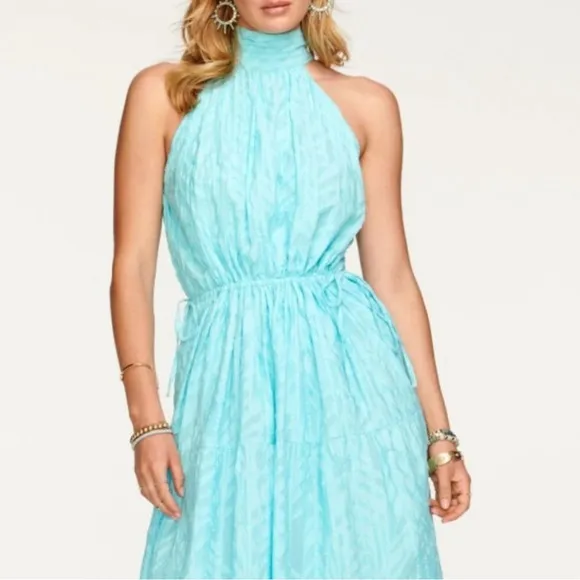 RAMY BROOK Midi Dress Jess Halter NEW High Neck Boho Tiered Textured Flowy Sky M