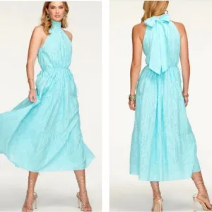 RAMY BROOK Midi Dress Jess Halter NEW High Neck Boho Tiered Textured Flowy Sky M
