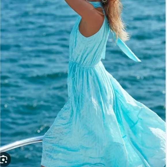 RAMY BROOK Midi Dress Jess Halter NEW High Neck Boho Tiered Textured Flowy Sky M