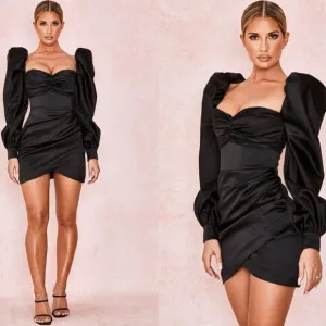 RARE HOUSE OF CB 'Cherie' Black Satin Puff Sleeve Dress NWOT