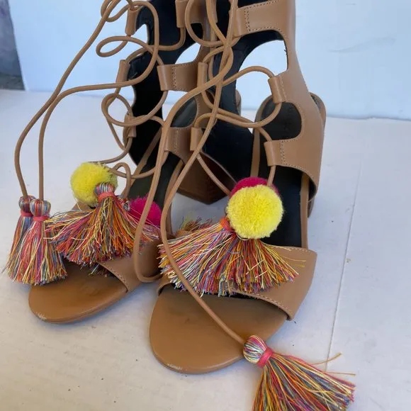 Rebecca Minkoff Pompoms Sandals Leather Lace Up Tassel Brown