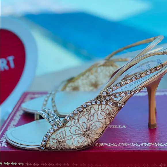 Rene Caovilla Floral Golden Heel Sandals