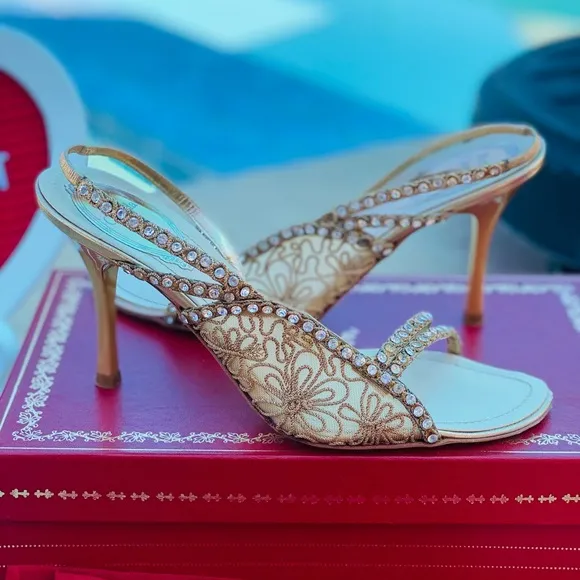 Rene Caovilla Floral Golden Heel Sandals