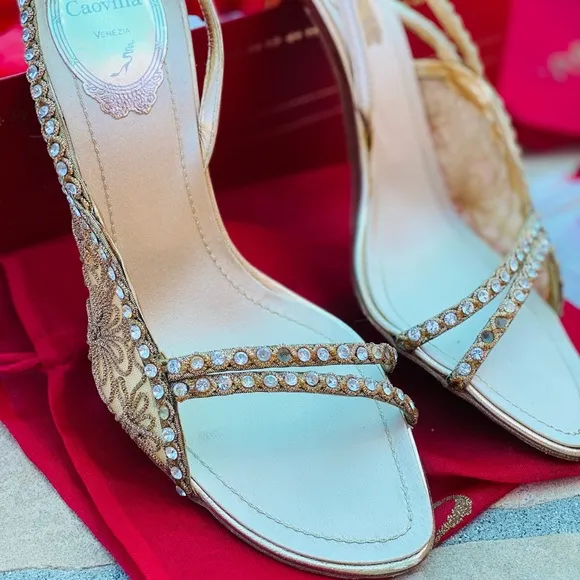 Rene Caovilla Floral Golden Heel Sandals