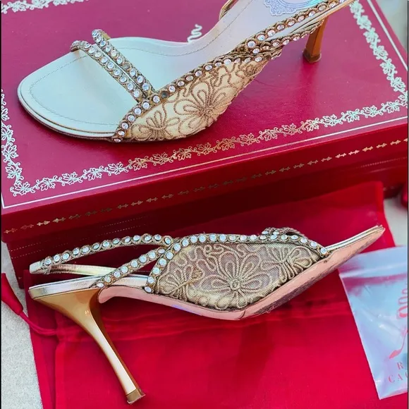 Rene Caovilla Floral Golden Heel Sandals