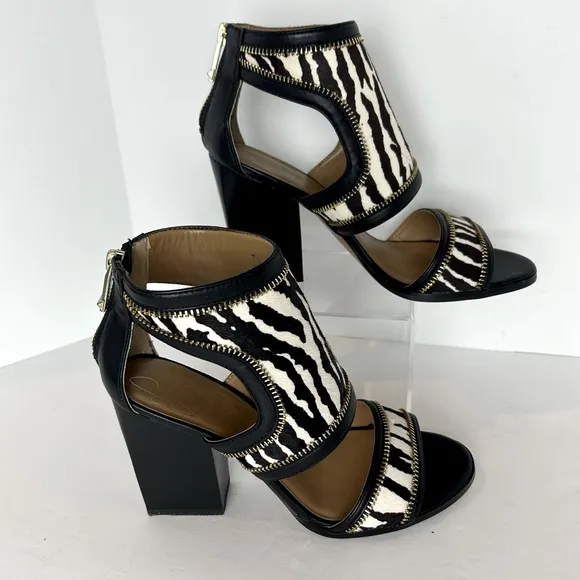Report Signature Sandals Women's Sz7.5 Calf Hair Zebra Print Leather Chunky Heel