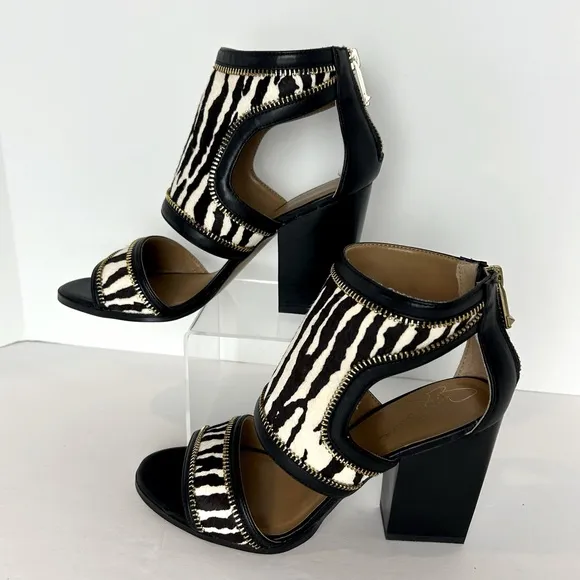 Report Signature Sandals Women's Sz7.5 Calf Hair Zebra Print Leather Chunky Heel