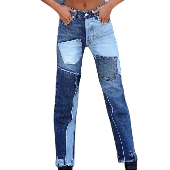Revice Denim Blue Matchmaker high rise patchwork Straight Leg crop jeans size 26