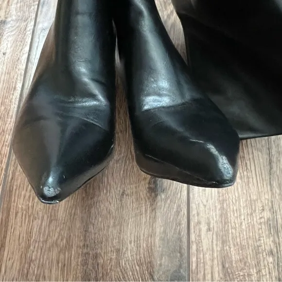 Revolve Femme LA Soho Knee High Heeled Boots Black Faux Leather Pointed Toe 41