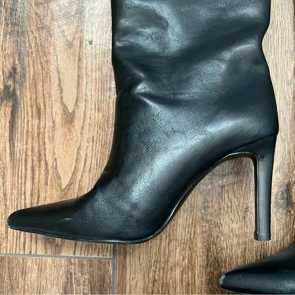 Revolve Femme LA Soho Knee High Heeled Boots Black Faux Leather Pointed Toe 41