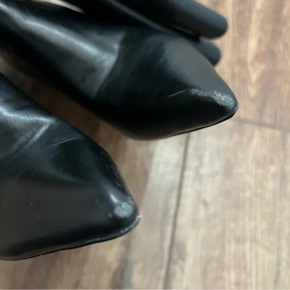 Revolve Femme LA Soho Knee High Heeled Boots Black Faux Leather Pointed Toe 41