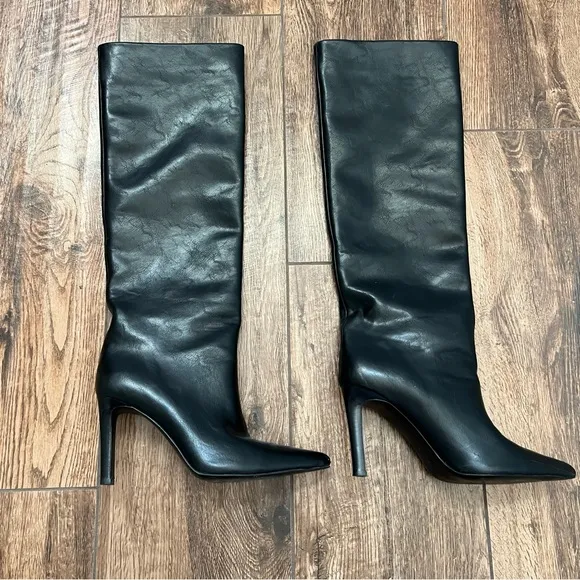 Revolve Femme LA Soho Knee High Heeled Boots Black Faux Leather Pointed Toe 41