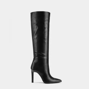 Revolve Femme LA Soho Knee High Heeled Boots Black Faux Leather Pointed Toe 41