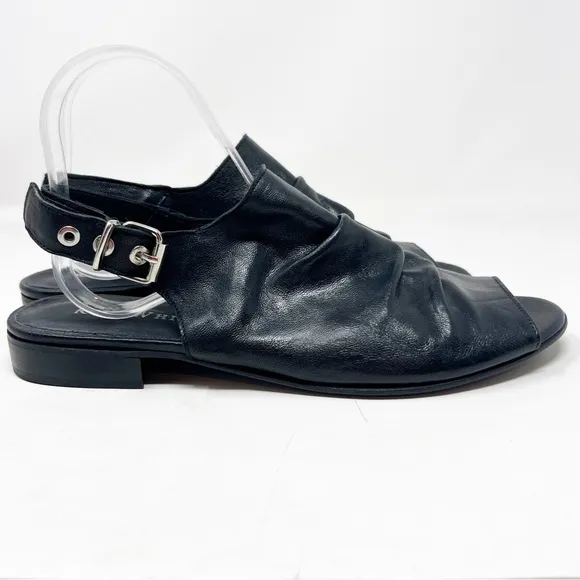 RON WHITE BLACK LEATHER SLING BACK PEEP TOE SANDALS WOMENS SZ 11