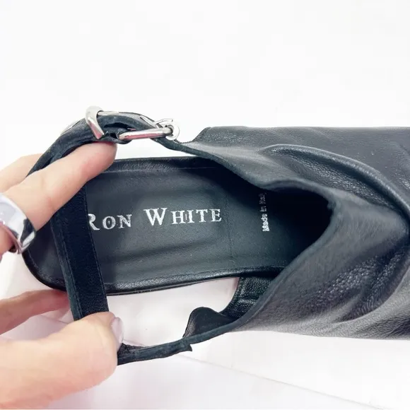 RON WHITE BLACK LEATHER SLING BACK PEEP TOE SANDALS WOMENS SZ 11