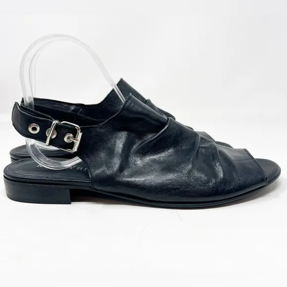 RON WHITE BLACK LEATHER SLING BACK PEEP TOE SANDALS WOMENS SZ 11