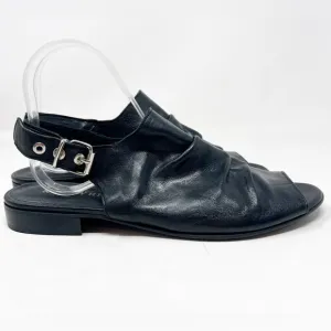 RON WHITE BLACK LEATHER SLING BACK PEEP TOE SANDALS WOMENS SZ 11