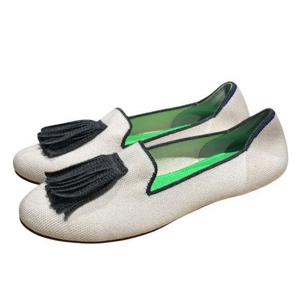 Rothy's Merino Tassel Slip On Loafers 8.5 Platinum White Gray Fringe Limited Ed