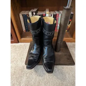 Rudel Rogers black pointed toe cowboy boots sz 8 EE white Aztec style stitching