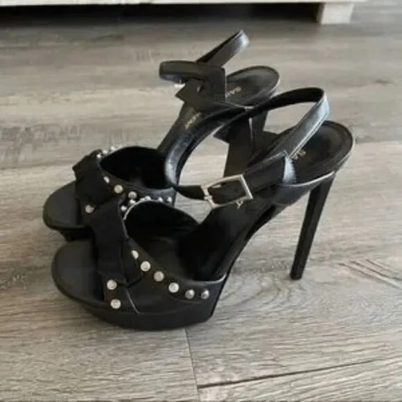 Saint Laurent Black Leather Studded 'Alice' Bow High-Heel Platform Sandals Size:
