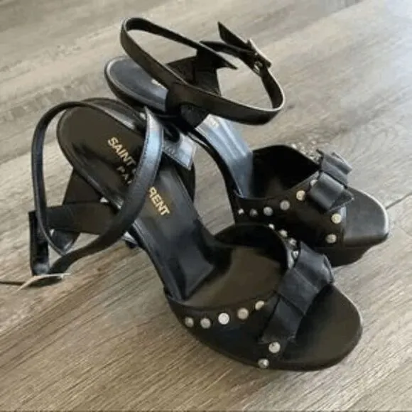 Saint Laurent Black Leather Studded 'Alice' Bow High-Heel Platform Sandals Size: