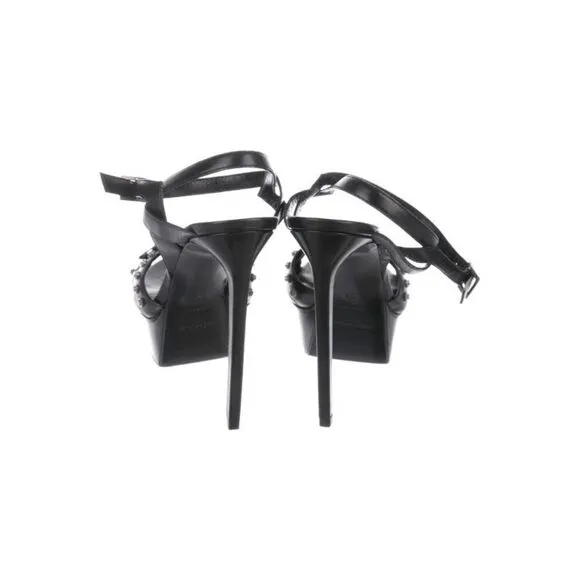 Saint Laurent Black Leather Studded 'Alice' Bow High-Heel Platform Sandals Size: