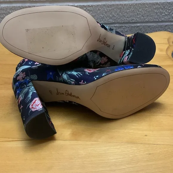 SAM EDELMAN Cambell boots women size 6.5 chunky heels zip Floral Embroidered EUC