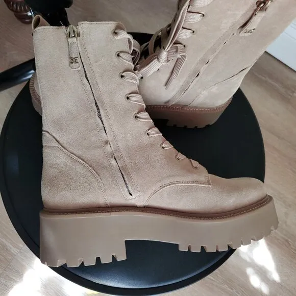 Sam Edelman Evina Chunky Military Combat Platform Beige Suede Women's Boots 8.5