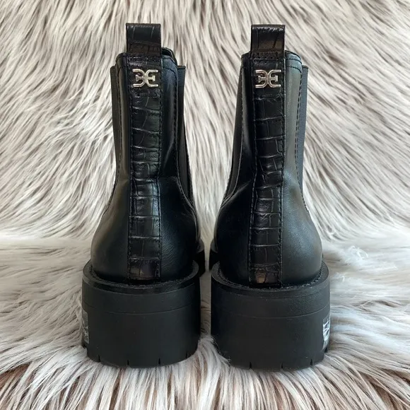 Sam Edelman Justina Boot Crocodile Detail Lug Sole Waterproof Black Womens 8.5