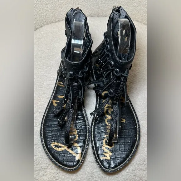 Sam Edelman women’s fringe black leather sandals bootie zip bohemian hippie 8
