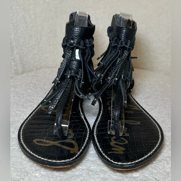 Sam Edelman women’s fringe black leather sandals bootie zip bohemian hippie 8