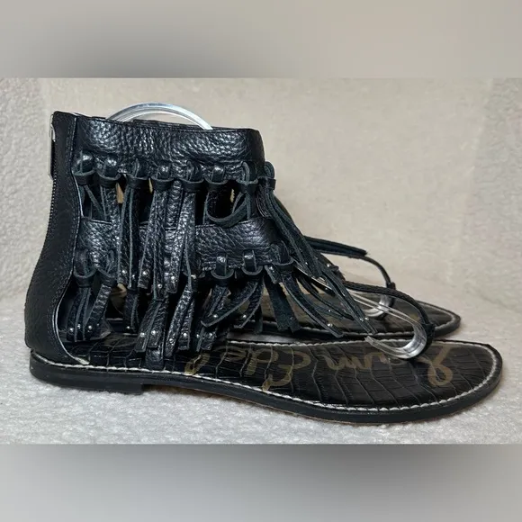 Sam Edelman women’s fringe black leather sandals bootie zip bohemian hippie 8