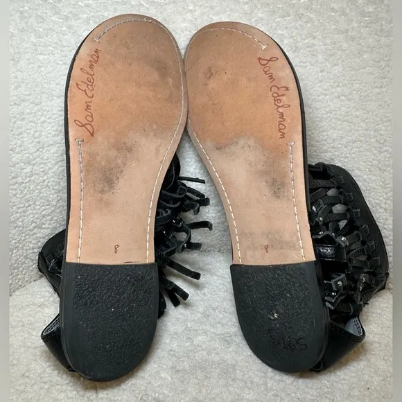 Sam Edelman women’s fringe black leather sandals bootie zip bohemian hippie 8