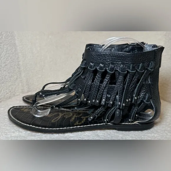 Sam Edelman women’s fringe black leather sandals bootie zip bohemian hippie 8
