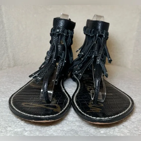 Sam Edelman women’s fringe black leather sandals bootie zip bohemian hippie 8