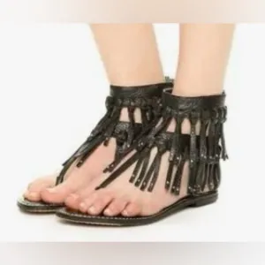 Sam Edelman women’s fringe black leather sandals bootie zip bohemian hippie 8