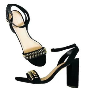 SANDRO PARIS Black Suede Sandals Gina Block Heels Studded Size 39 US 8.5
