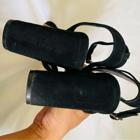 SANDRO PARIS Black Suede Sandals Gina Block Heels Studded Size 39 US 8.5