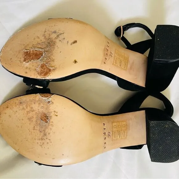 SANDRO PARIS Black Suede Sandals Gina Block Heels Studded Size 39 US 8.5