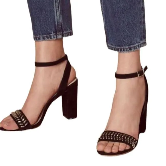 SANDRO PARIS Black Suede Sandals Gina Block Heels Studded Size 39 US 8.5