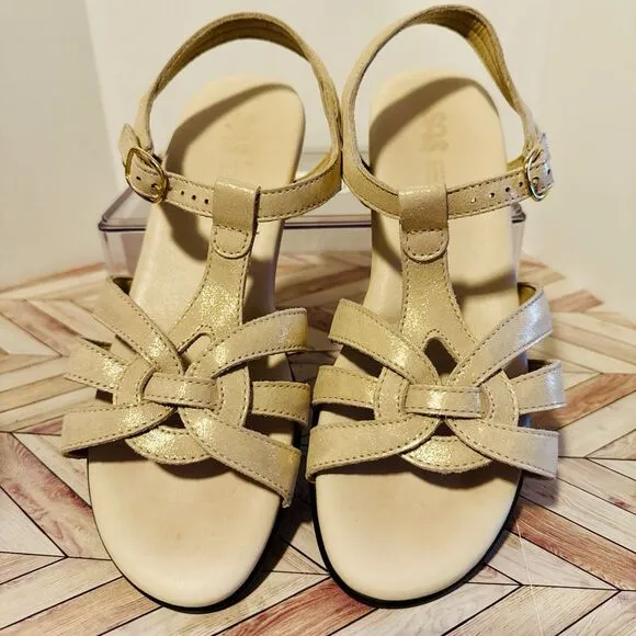 SAS Aurora T-Strap Sandal Women's 8M Soft Gold Glitter Wedge Leather USA Made
